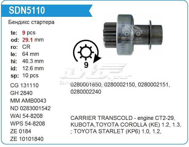 Бендикс стартера ZN0228 ZEN