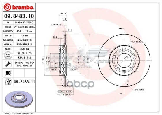 9848311 Brembo disco do freio dianteiro