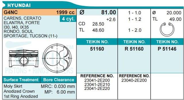 51160050 Teikin pistão (kit para um motor, 2ª reparação ( + 0,50))