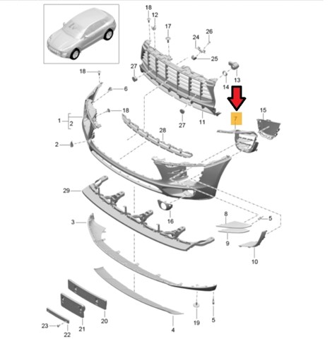 Решетка бампера переднего левая 95B807681H1E0 Porsche