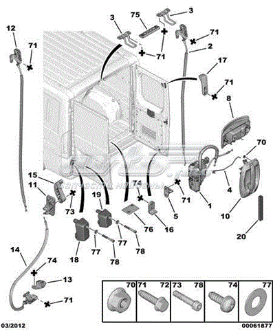 1607149480 Peugeot/Citroen maçaneta direita interna da porta traseira (batente)