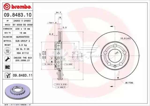 Передние тормозные диски 9848311 Brembo