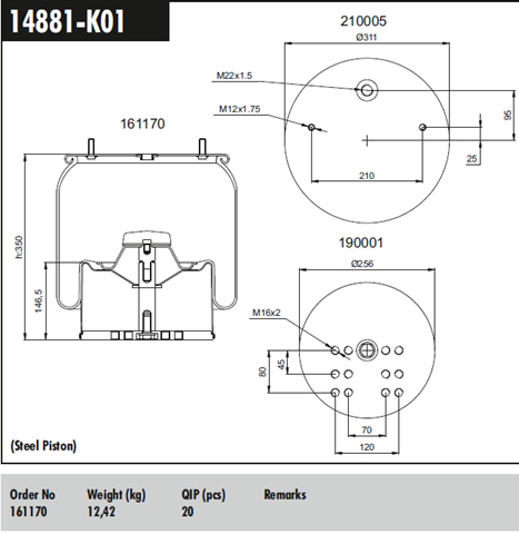 14881K01 Connect coxim pneumático (suspensão de lâminas pneumática do eixo)