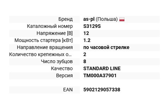 S3129S AS/Auto Storm Стартер автомобиля